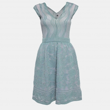 Pre Owned M Missoni Blue Patterned Lurex Knit Sleeveless Flared Midi Dress S