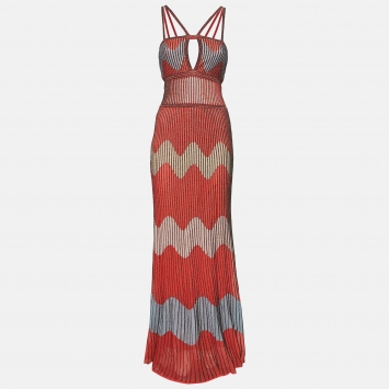 Pre Owned M Missoni Pink Wave Pattern Lurex Knit Plisse Maxi Dress S