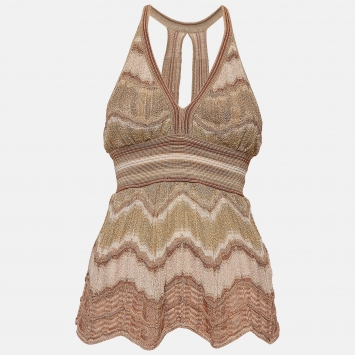 Pre Owned M Missoni Beige Patterned Lurex Knit V-Neck Top M