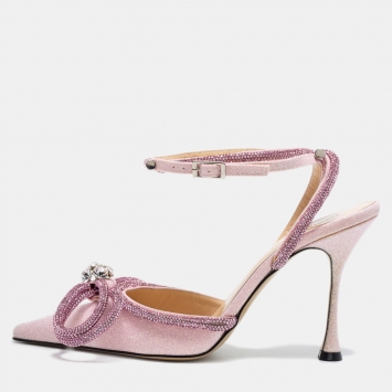 Pre Owned Mach & Mach Pink Glitter Crystal Embellished  Ankle Strap Sandals Size 39