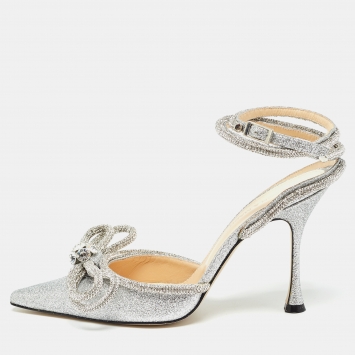Pre Owned Mach & Mach Silver Glitter Crystal Embellished Ankle Wrap Pumps Size 39