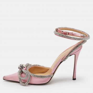 Mach & Mach Light Pink/Silver Satin Double Bow Crystal Embellished Pumps Size 38.5