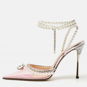 Pre Owned Mach & Mach Pink PVC Crystal and Pearl Embellished Ankle Wrap Pumps Size 38