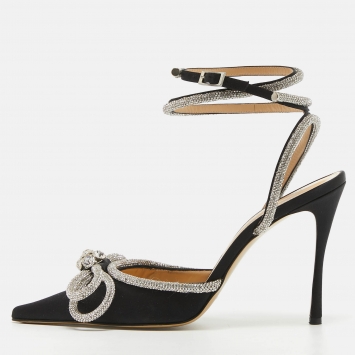 Pre Owned Mach & Mach Black Satin Embellished Double Bow Ankle Strap Pumps Size 40.5