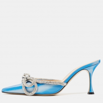 Pre Owned Mach & Mach Blue/White Iridescent PVC Crystal Embellished Double Bow Mules Size 38