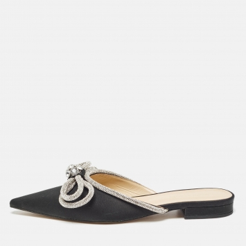 Pre Owned Mach & Mach Black Satin Crystals Double Bow Flat Mules Size 40.5