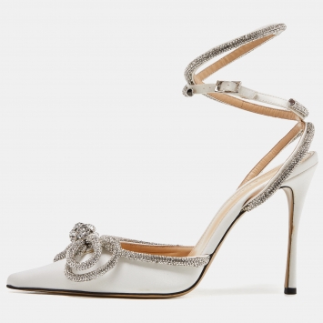 Pre Owned Mach & Mach White Satin Crystal Embellished Double Bow Pumps Size 40