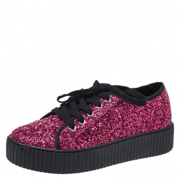 Pre Owned MM6 Maison Margiela Pink Glitter Fabric Bead Embellished Platform Low Top Sneakers Size 38