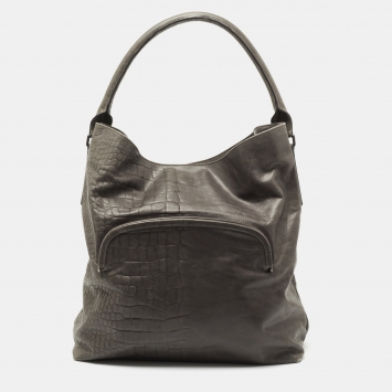 Pre Owned Maison Martin Margiela Grey Croc Embossed Leather Shoulder Bag