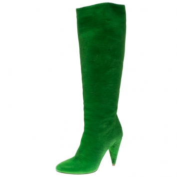 Pre Owned Maison Martin Margiela Parakeet Green Textured Suede Knee Length Cone Heel Boots Size 38
