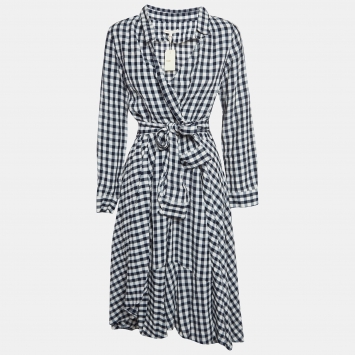 Pre Owned Maje Navy Blue Gingham Crepe Waist Tie-Up Asymmetric Midi Dress M