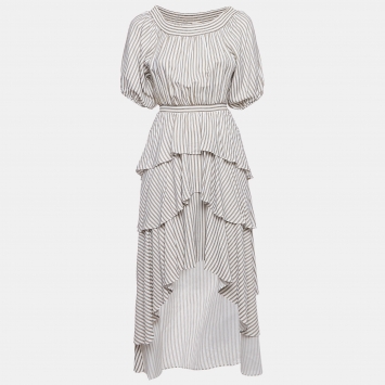 Maje Beige Striped Crepe Tiered Asymmetric Midi Dress M