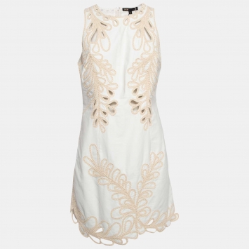 مملوكة مسبقًا Maje White/Beige Embroidered Cotton Mini Dress L