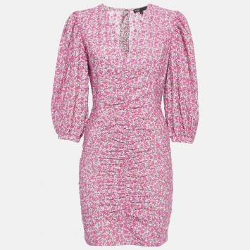 Pre Owned Maje Pink Embroidered Floral Print Cotton Ruched Mini Dress M