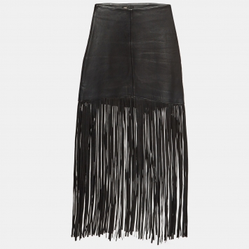 Pre Owned Maje Black Leather Fringed Short Skirt M