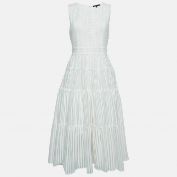 Pre Owned Maje White Stripe Jacquard Raya Tiered Midi Dress L