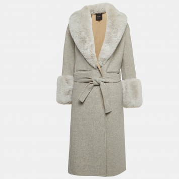 Pre Owned Maje Grey Wool Blend Fur Detailed Long Coat S