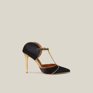 Pre Owned Malone Souliers Black Imogen Satin Heels Size IT 36.5