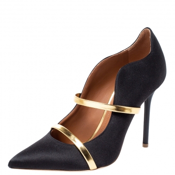 Pre Owned Malone Souliers Black Satin And Leather Maureen Pointed Toe Pumps Size 38