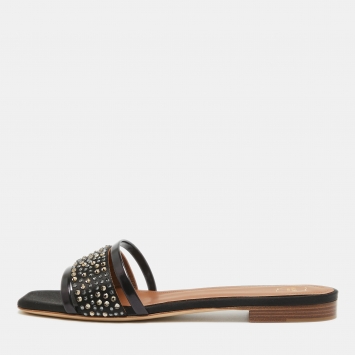 Pre Owned Malone Souliers Black Satin Crystal Embellished Rosa Flat Slides Size 36.5