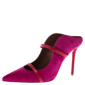 Pre Owned Malone Souliers Pink Suede And Red Leather Trim Maureen Pointed Toe Mules Size 40