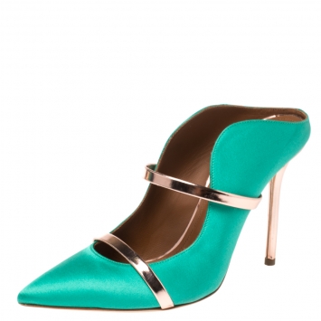 Pre Owned Malone Souliers Green Satin and Rose Gold Trim Leather Maureen Pointed Toe Mules Size 38