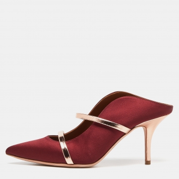 مملوكة مسبقًا Malone Souliers Burgundy/Rose Gold Satin and Leather Maureen Pointed Toe Mules Size 39