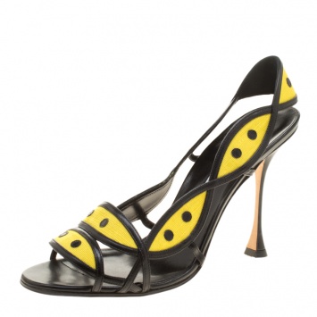 Pre Owned Manolo Blahnik Two Tone Cutout Canvas and Leather Slingback Sandals Size 39.5