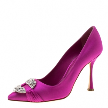 Pre Owned Manolo Blahnik Pink Satin Maidu Crystal Embellished Pointed Toe Pumps Size 37.5