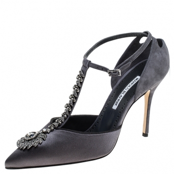 Pre Owned Manolo Blahnik Grey Suede Eridania T-Bar Pointed Toe Pumps Size 38