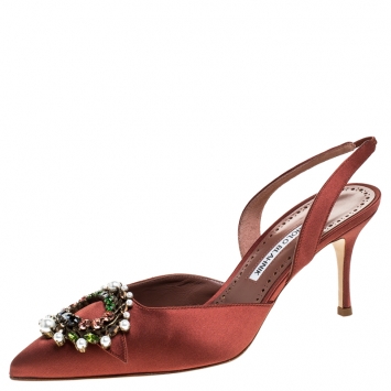 Pre Owned Manolo Blahnik Brown Satin Crystal Embellished Leona Slingback Pumps Size 39