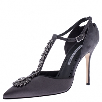 Pre Owned Manolo Blahnik Grey Satin Eridania Crystal Embellished Ankle Strap Pointed Toe Pumps Size 39 