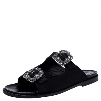 Pre Owned Manolo Blahnik Black Satin Sturlushangi Embellished Flat Sandals Size 38