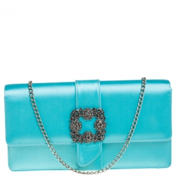 Pre Owned Manolo Blahnik Blue Satin Capri Chain Clutch