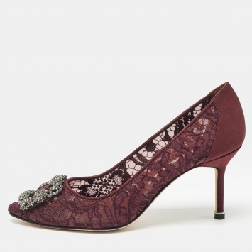 Pre Owned Manolo Blahnik Burgundy Lace and Mesh Hangisi Pumps Size 38.5