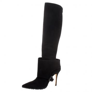 Pre Owned Manolo Blahnik Black Suede Pointed Toe Knee High Boots Size 39