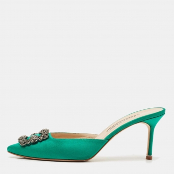 Manolo Blahnik Green Satin Hangisi Mules Size 41