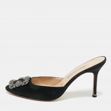 Pre Owned Manolo Blahnik Black Satin Hangisi Mules Sandals Size 38