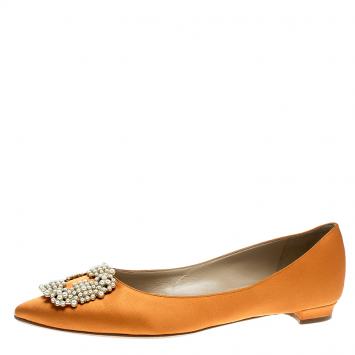 Pre Owned Manolo Blahnik Bronze Satin Hangisi Ballet Flats Size 39.5