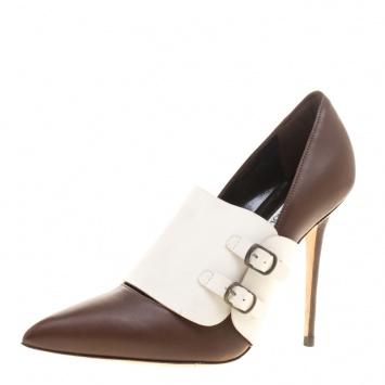 Pre Owned Manolo Blahnik Brown/White Leather Encajada Buckle Accented Pointed Toe Pumps Size 35