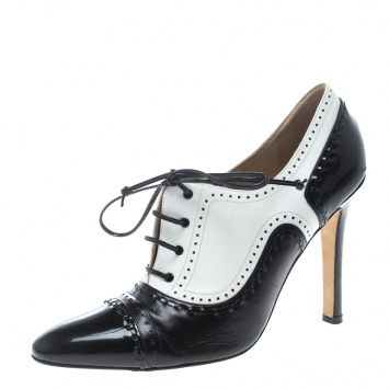 Pre Owned Manolo Blahnik Black/White Leather Lace Up Oxford Booties Size 40