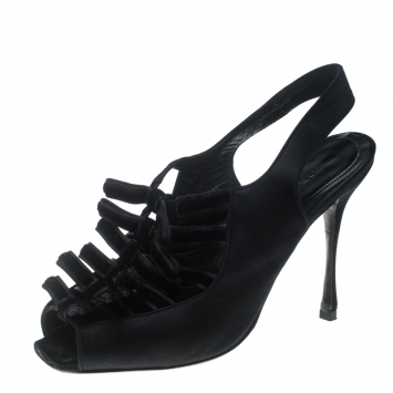 Pre Owned Manolo Blahnik Black Satin and Velvet Slingback Square Peep Toe Sandals Size 40