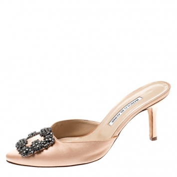 Pre Owned Manolo Blahnik Beige Satin Hangisi Pointed Toe Mules Size 38