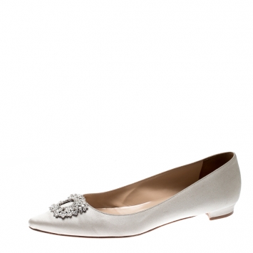 Pre Owned  Manolo Blahnik Grey Satin Hangisi Ballet Flats Size 39