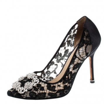 Pre Owned Manolo Blahnik Black Lace and Satin Hangisi Pointed Toe Pumps Size 37.5