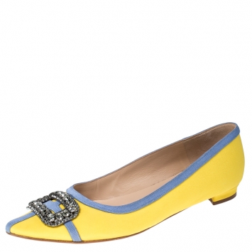 Pre Owned Manolo Blahnik Yellow Satin Gotrian Crystal Embellished Pointed Toe Flats Size 39