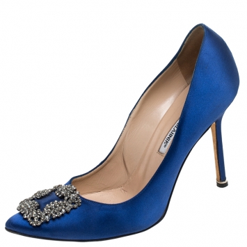 Pre Owned Manolo Blahnik Blue Satin Jewel Buckle Hangisi Pumps Size 40