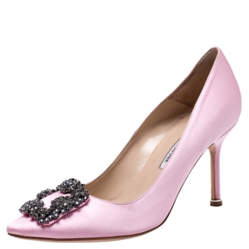 Pre Owned Manolo Blahnik Pink Satin Hangisi Crystal Embellished Pumps Size 36.5