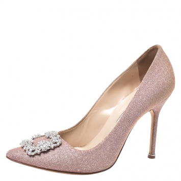 Pre Owned Manolo Blahnik Pink Glitter Fabric Hangisi Crystal Embellished Pumps Size 41