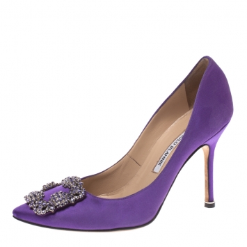 Pre Owned Manolo Blahnik Purple Satin Hangisi Crystal Embellished Pumps Size 36.5